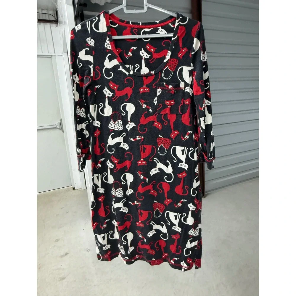 Hue Women Black Red White Cat Print Long Sleeve Sleep Dress Nightgown Pocket